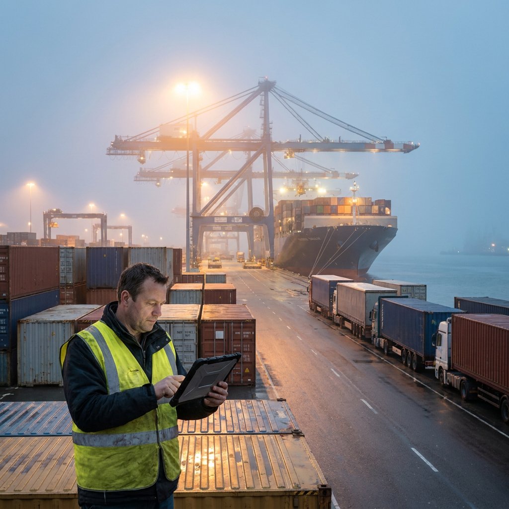 A worker in a hi-vis vest uses a tablet between stacked containers on a foggy quay, with trucks lined up and a container ship at the cranes.