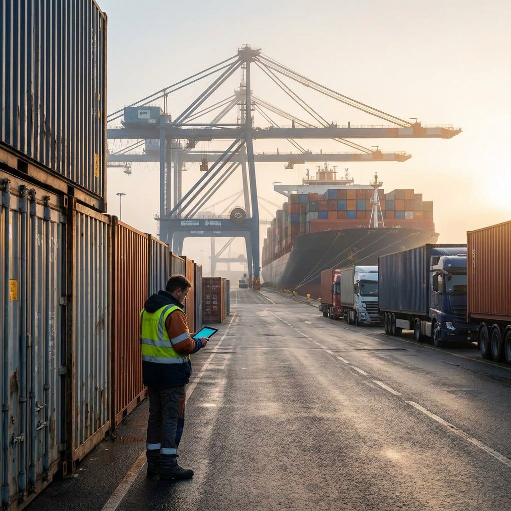 A worker in a hi-vis vest checks a tablet beside a row of containers at sunrise, with trucks and a container ship under quay cranes behind.