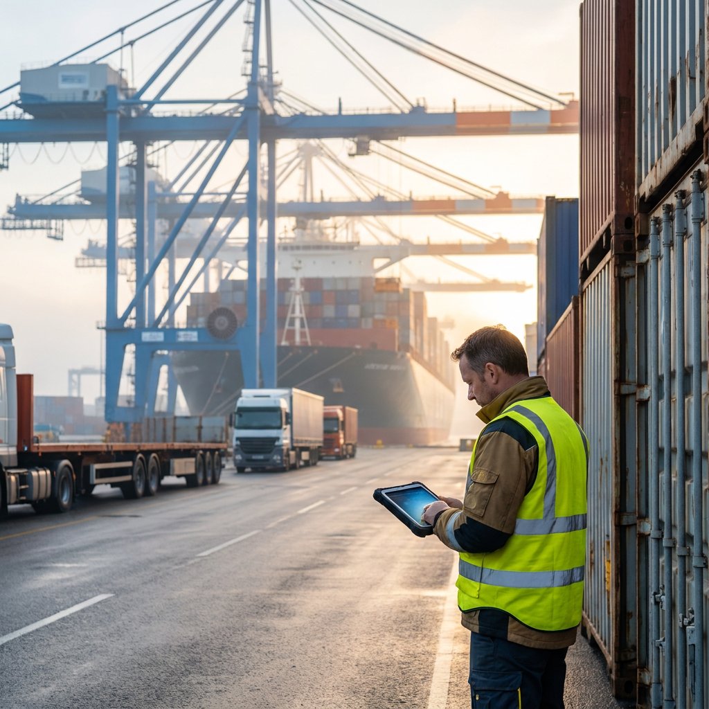 Worker using a tablet beside containers and port cranes.