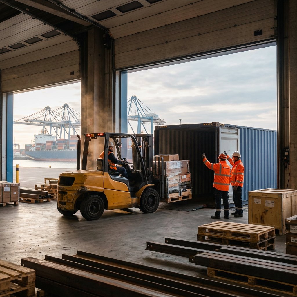 A forklift loads a wrapped pallet into an open container at a warehouse door while two workers in orange guide it, port cranes behind.