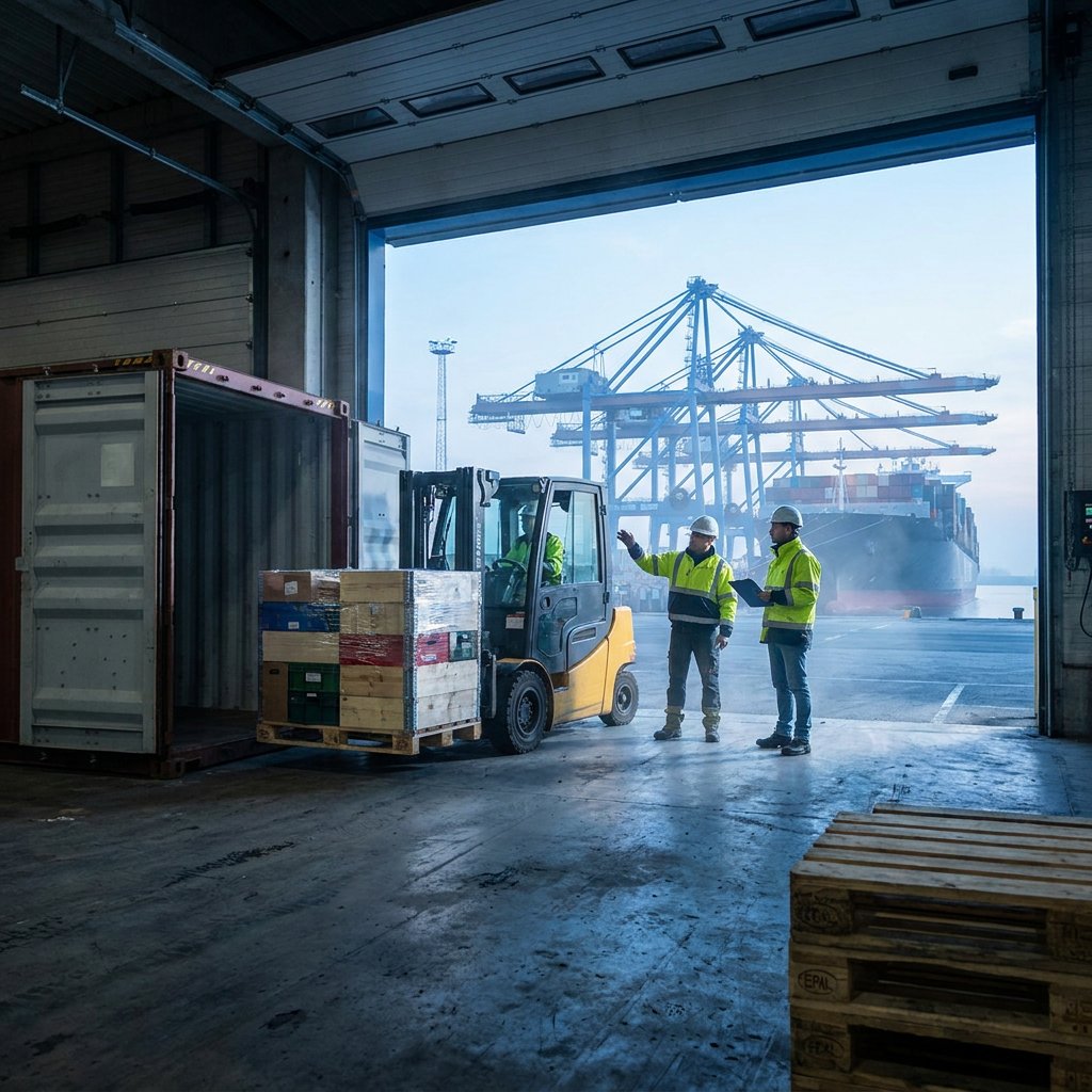 A forklift lifts mixed pallets into a container at a warehouse door while two workers in hi-vis check the load, a ship at the quay behind.