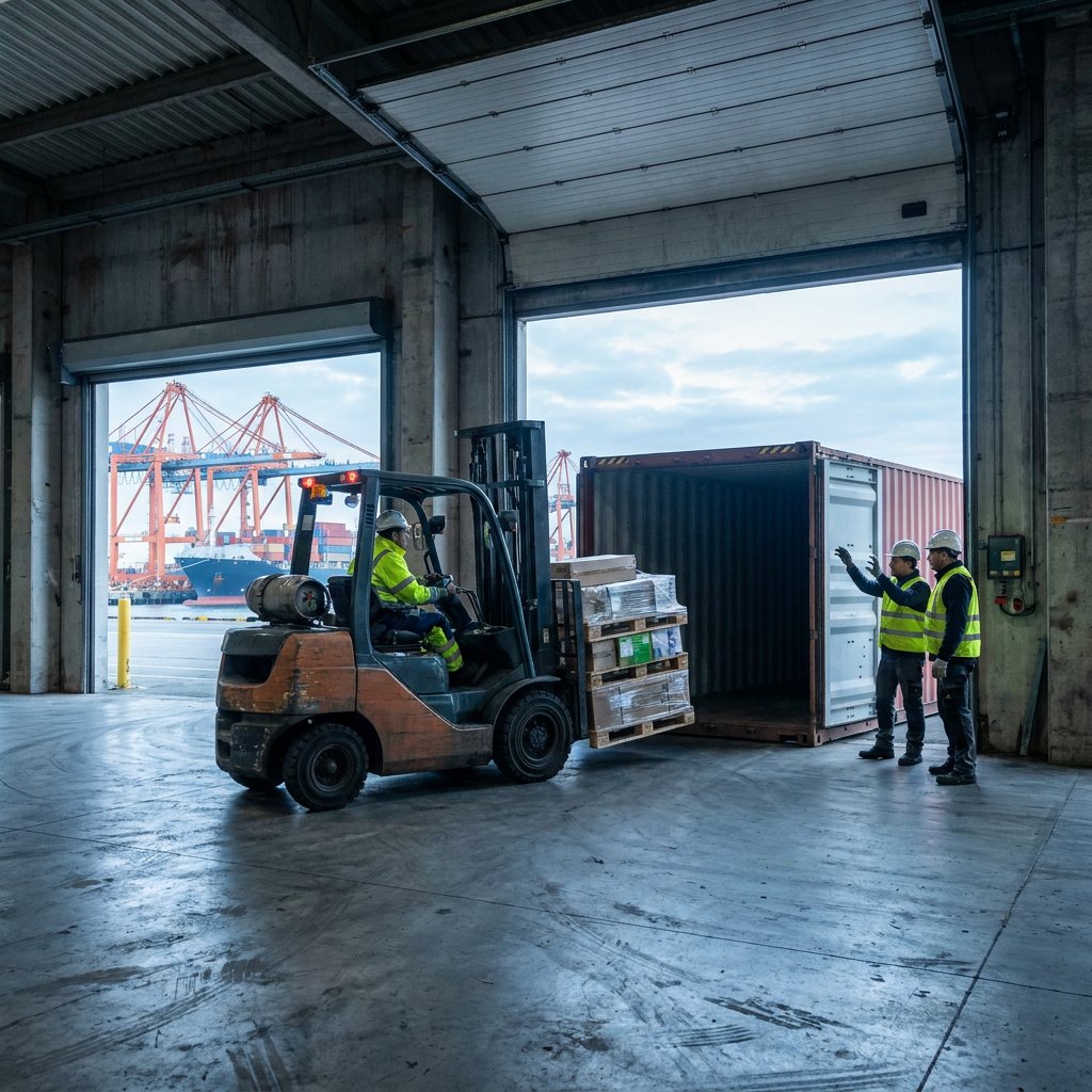 Forklift moving cargo between a warehouse and a container.