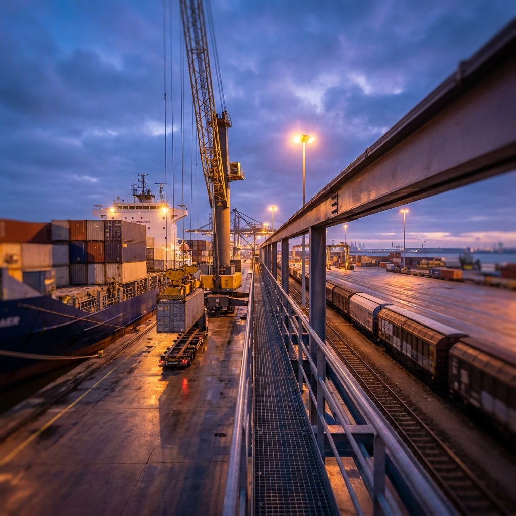 A quay at dusk with a container ship and crane on one side and rail wagons on the tracks on the other, seen from a walkway.