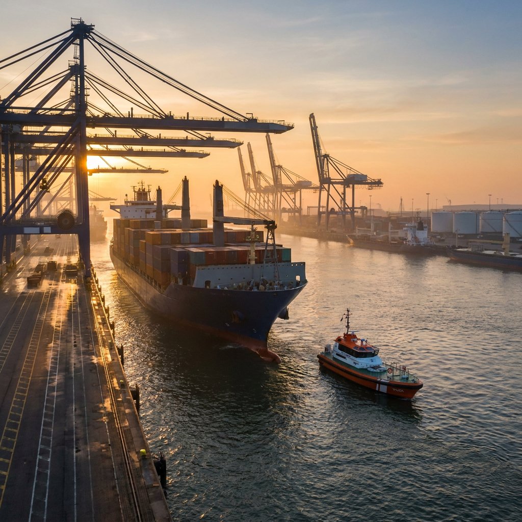A container ship leaves the quay under gantry cranes at sunrise, guided by a pilot boat, with storage tanks on the far bank.
