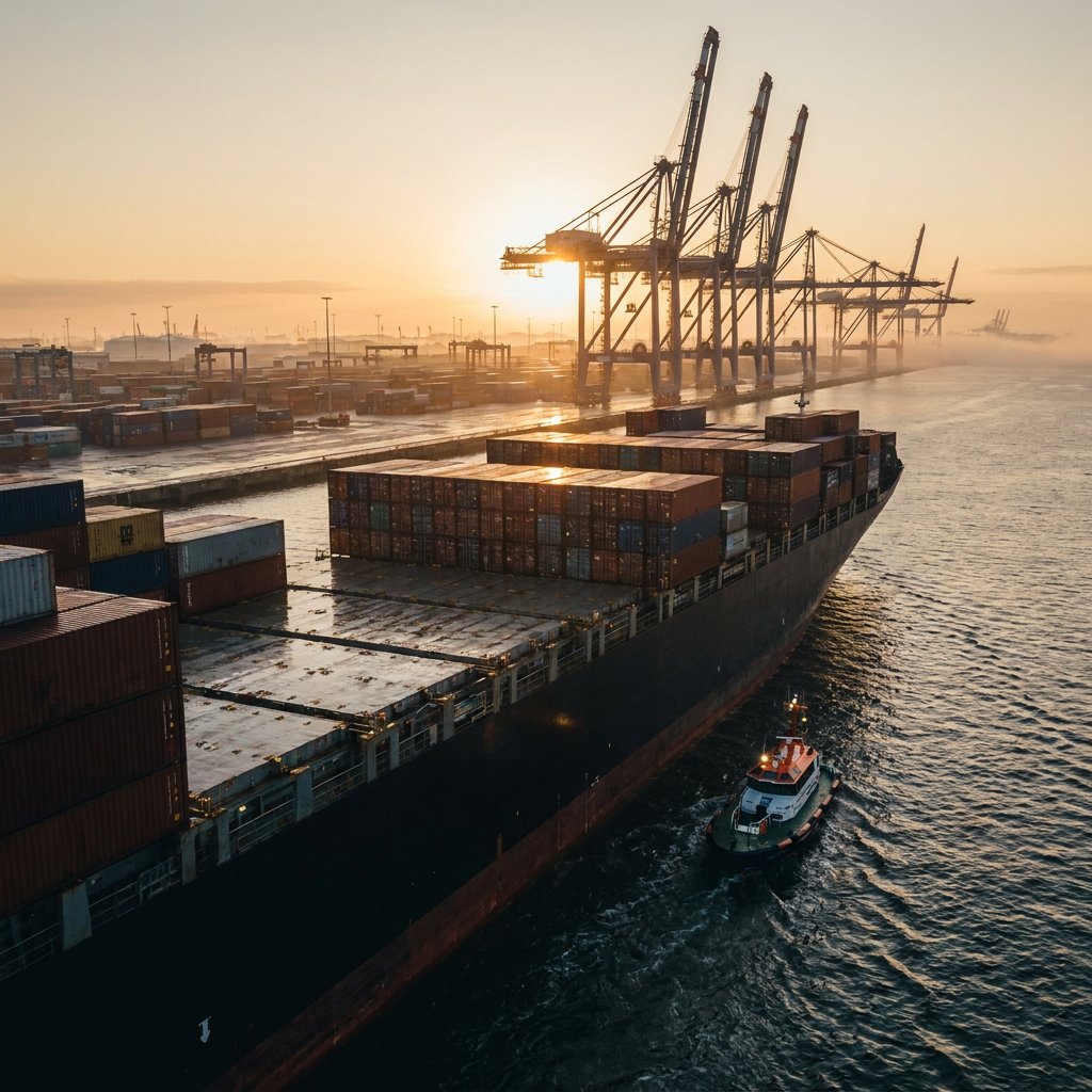 Aerial view of a loaded container ship passing the terminal cranes at sunrise, with a tug alongside.