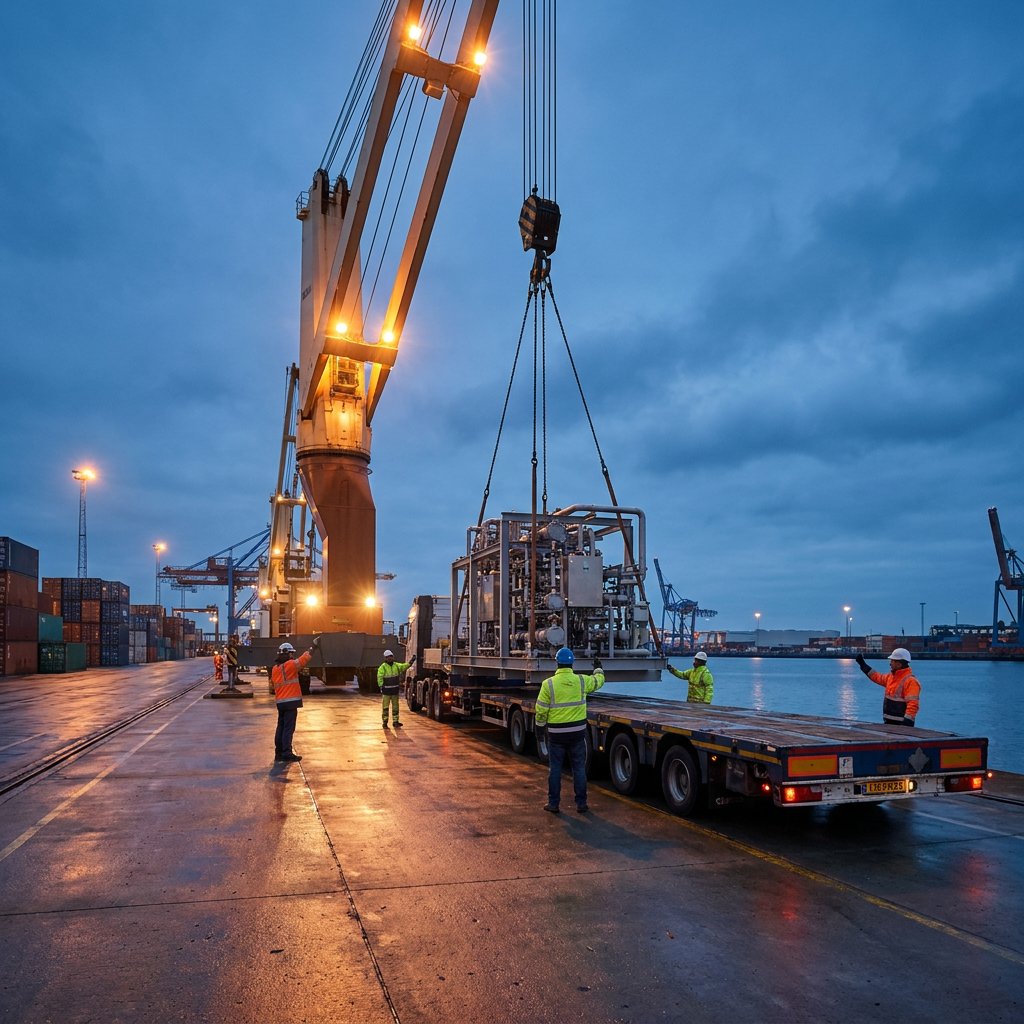 A quay crane lowers a large piece of process equipment onto a flatbed trailer at dusk while a crew in hi-vis guides it.