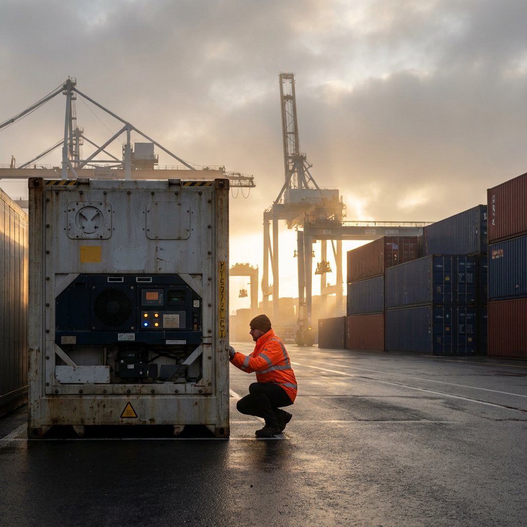 A worker in an orange jacket crouches to check the cooling unit on a reefer container at sunrise, with cranes and stacked containers behind.