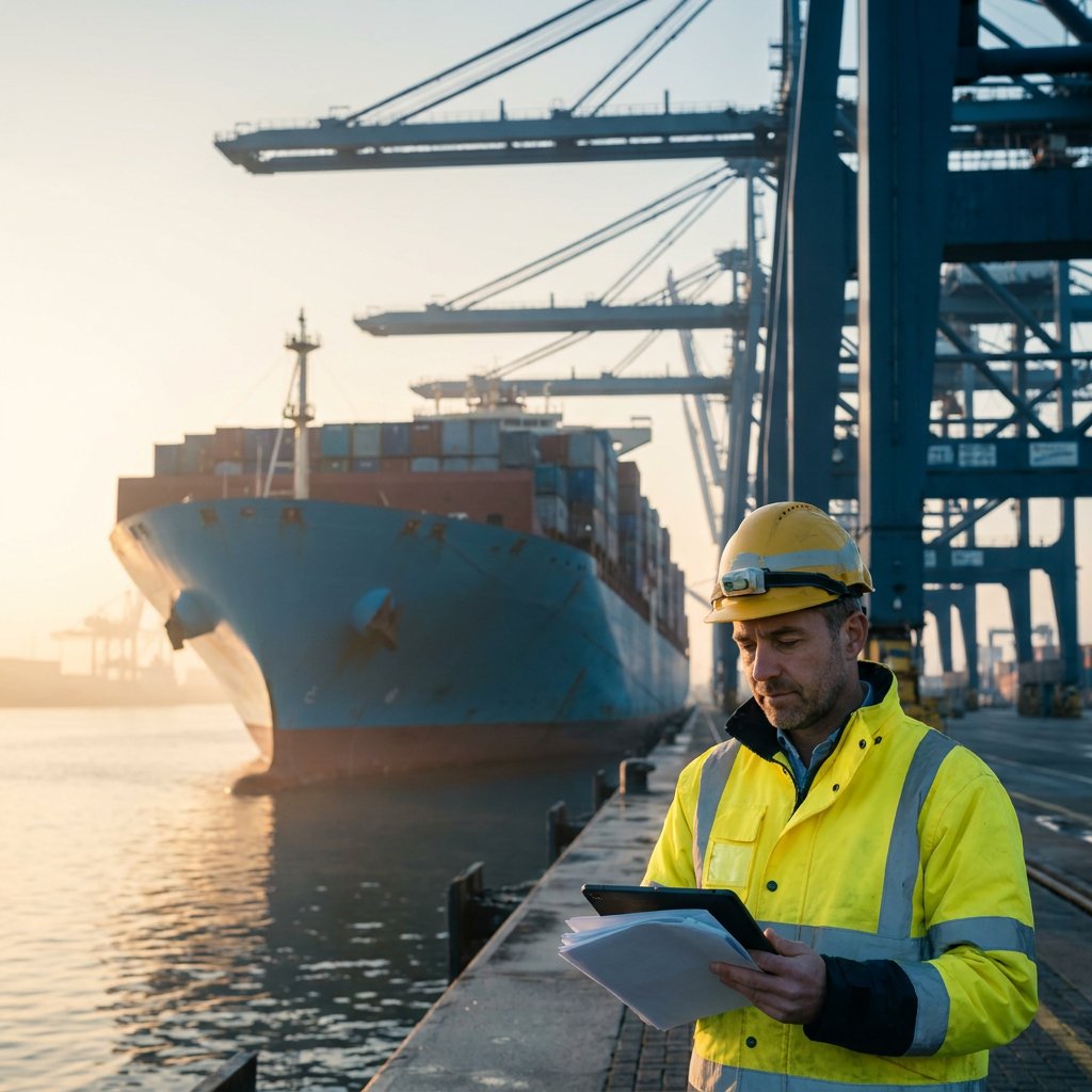 A forwarder in a yellow hard hat reviews papers and a tablet on the quay while a container ship sits under the cranes at sunrise.