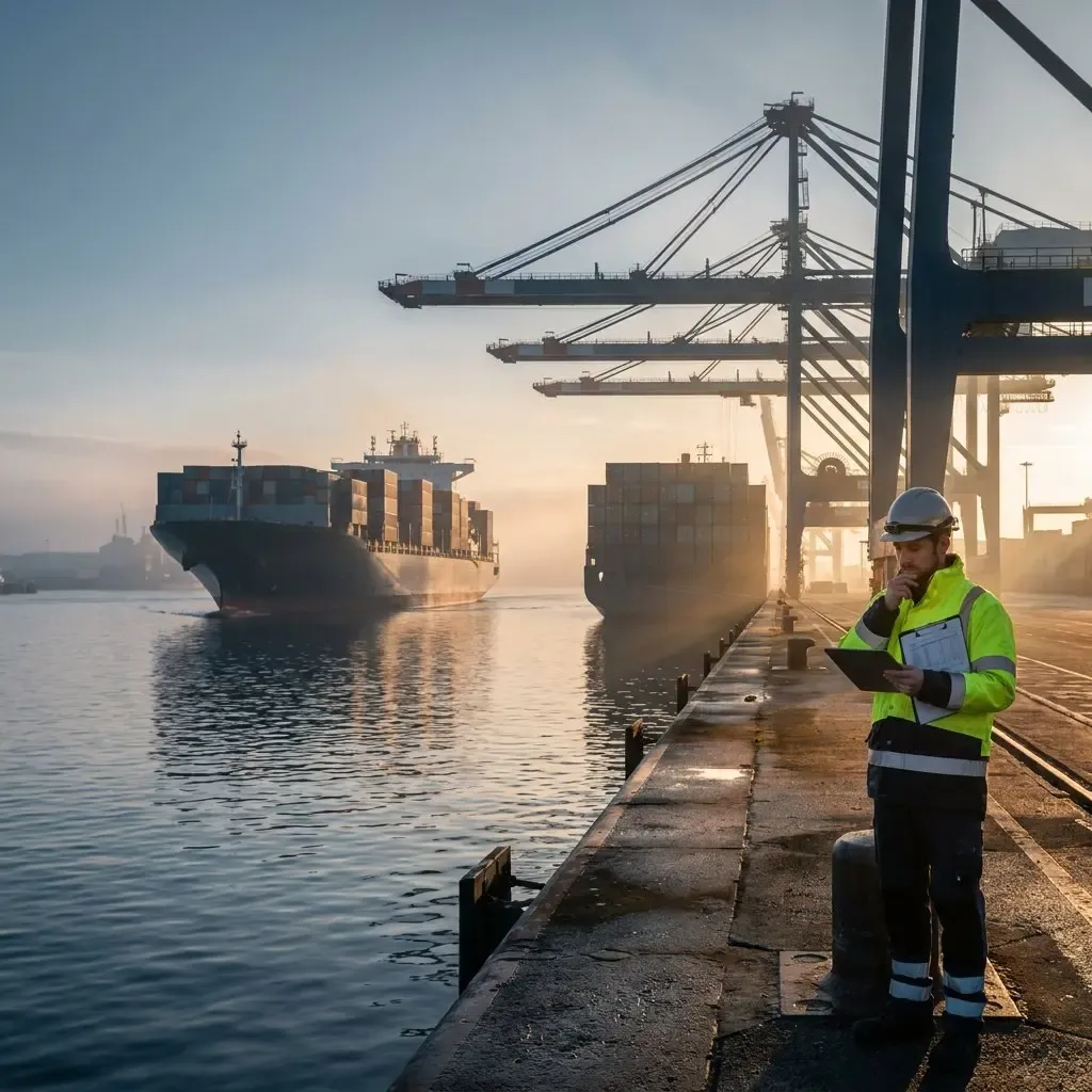 Port worker beside a container vessel and quay cranes.