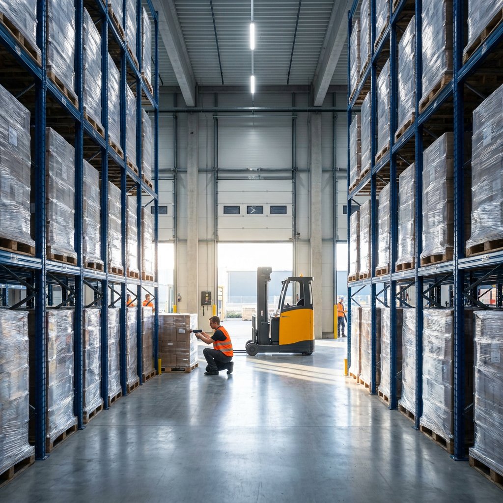 A worker scans a pallet in a tall racking aisle of a warehouse while a reach truck waits by the open dock door.