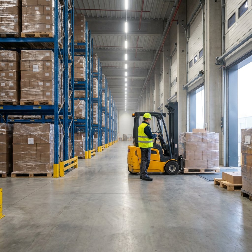 A forklift driver in a hi-vis vest moves a wrapped pallet along a warehouse aisle lined with tall racks, next to an open dock door.
