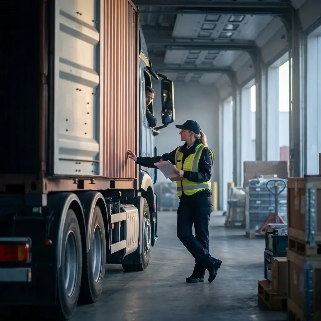 Truck being loaded at a distribution center while an employee checks the delivery.