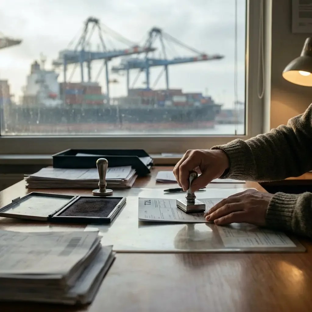 A worker stamping and approving shipping documents with a cargo ship visible in the background.